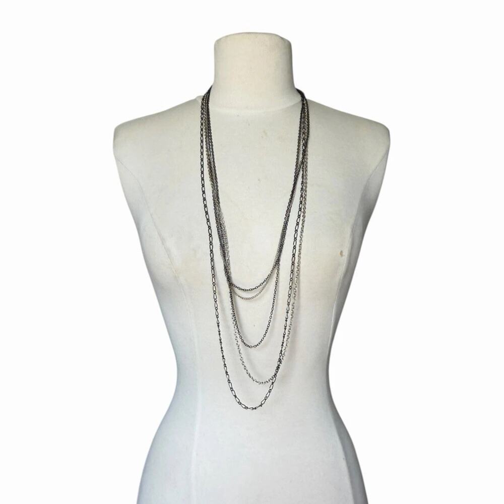 Long Layered Gunmetal Chain Necklace Multi Strand Minimalist Statement Jewelry